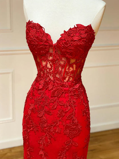Strapless Red Blue Black Purple Lace Mermaid Long Prom Dresses
