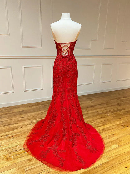 Strapless Red Blue Black Purple Lace Mermaid Long Prom Dresses