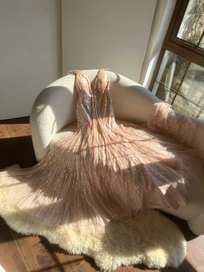 Vintage Champagne Sparkling Sequin Design Romantic Chiffon Evening Dress Prom Dress HZ1024