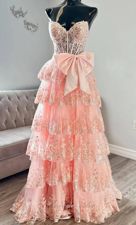 Strapless Sparkly Lace Long Prom Dress with Bow and Ruffle Skirt