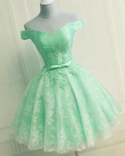 Elegant Lace Appliques Satin Off The Shoulder Homecoming Dress Short CL4121
