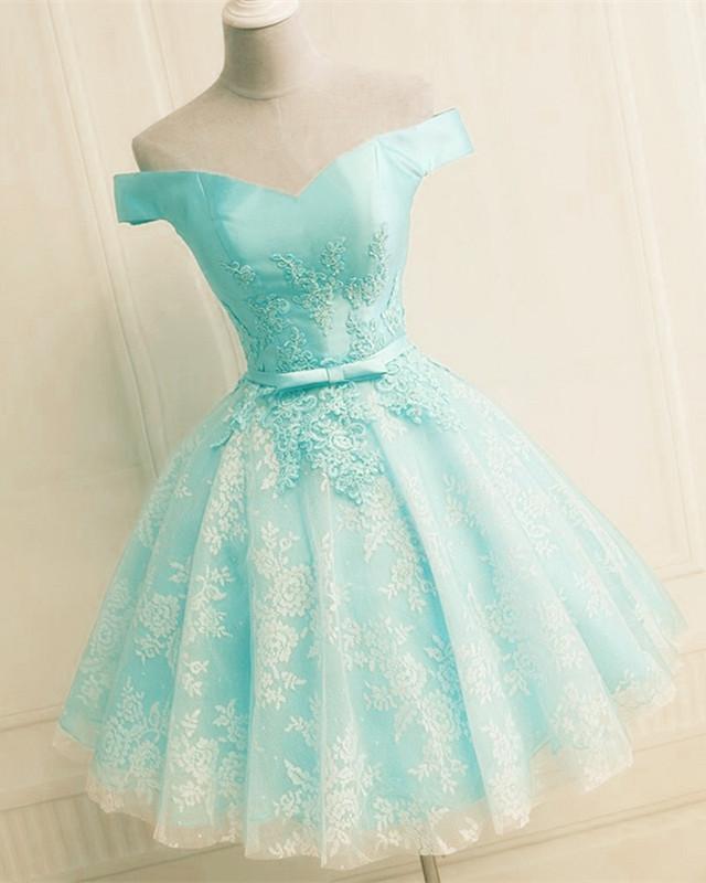 Elegant Lace Appliques Satin Off The Shoulder Homecoming Dress Short CL4121