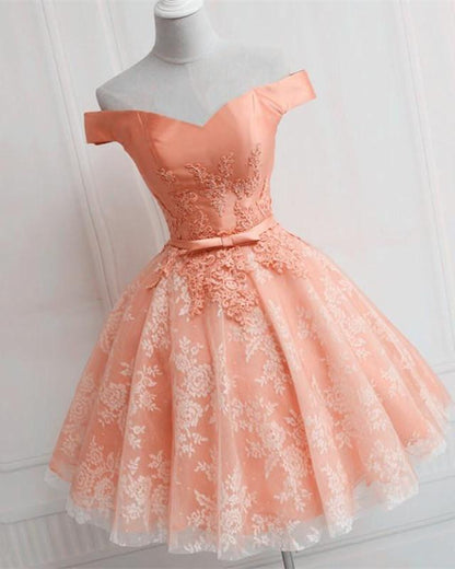Elegant Lace Appliques Satin Off The Shoulder Homecoming Dress Short CL4121
