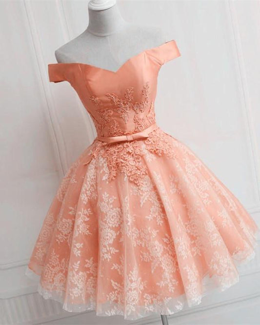 Elegant Lace Appliques Satin Off The Shoulder Homecoming Dress Short CL4121