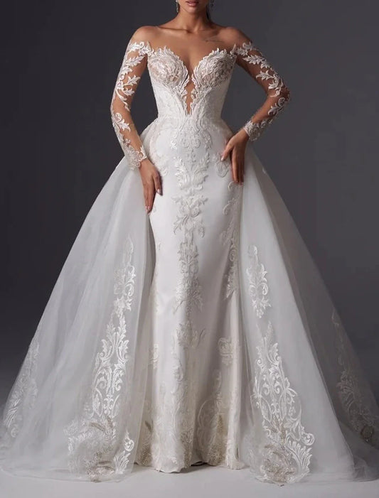 Engagement Formal Wedding Dresses Mermaid Off Shoulder Long Sleeve Court Train Satin Bridal Gowns With Appliques Solid Color 2025