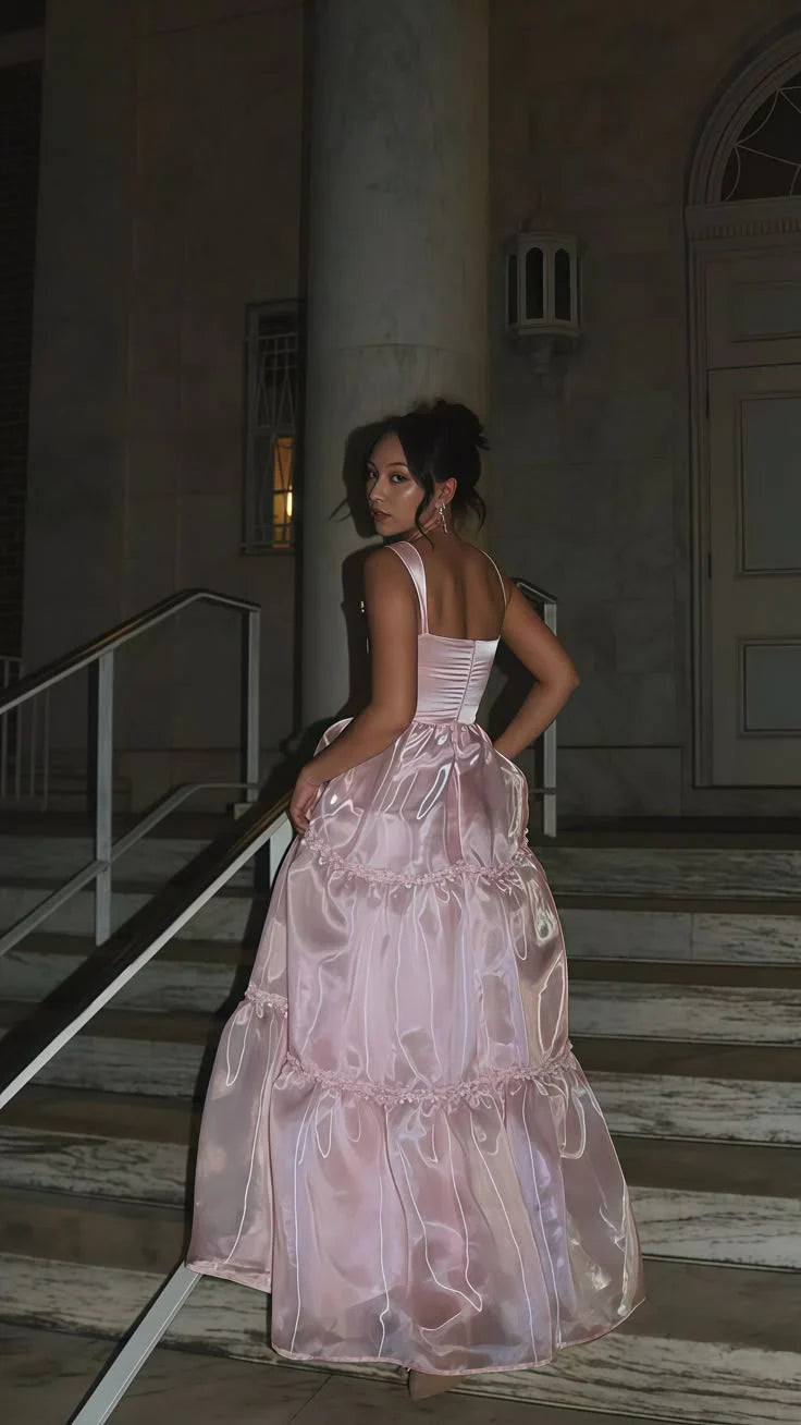 A Line Spaghetti Straps Pink Long Prom Dress with Lace