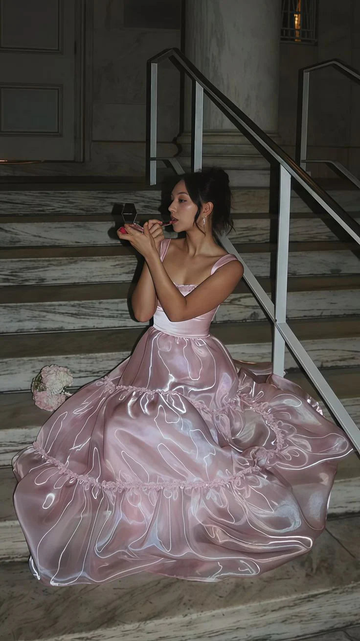 A Line Spaghetti Straps Pink Long Prom Dress with Lace