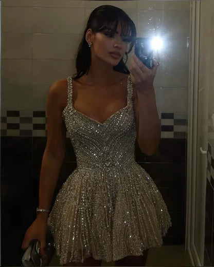 Vintage Silvery Shiny Beaded A-Line Short Party Dress Cocktail Dress Homecoming Dress HZ1024