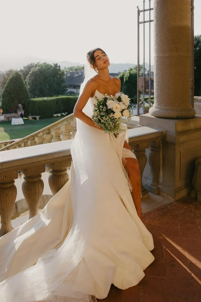 Charming A Line Strapless White Satin Long Wedding Dress with Slit