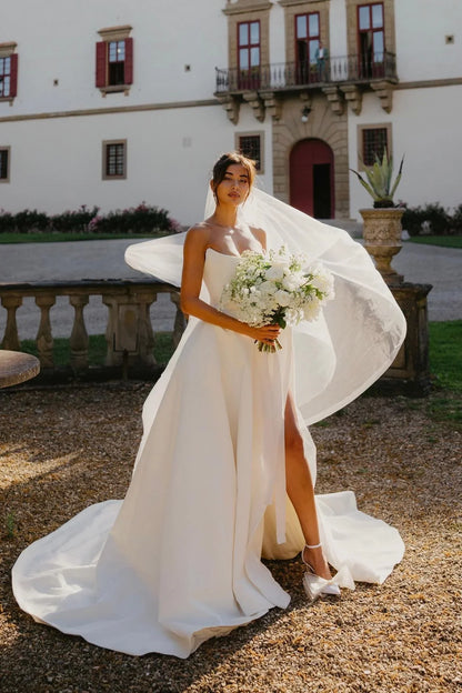 Charming A Line Strapless White Satin Long Wedding Dress with Slit