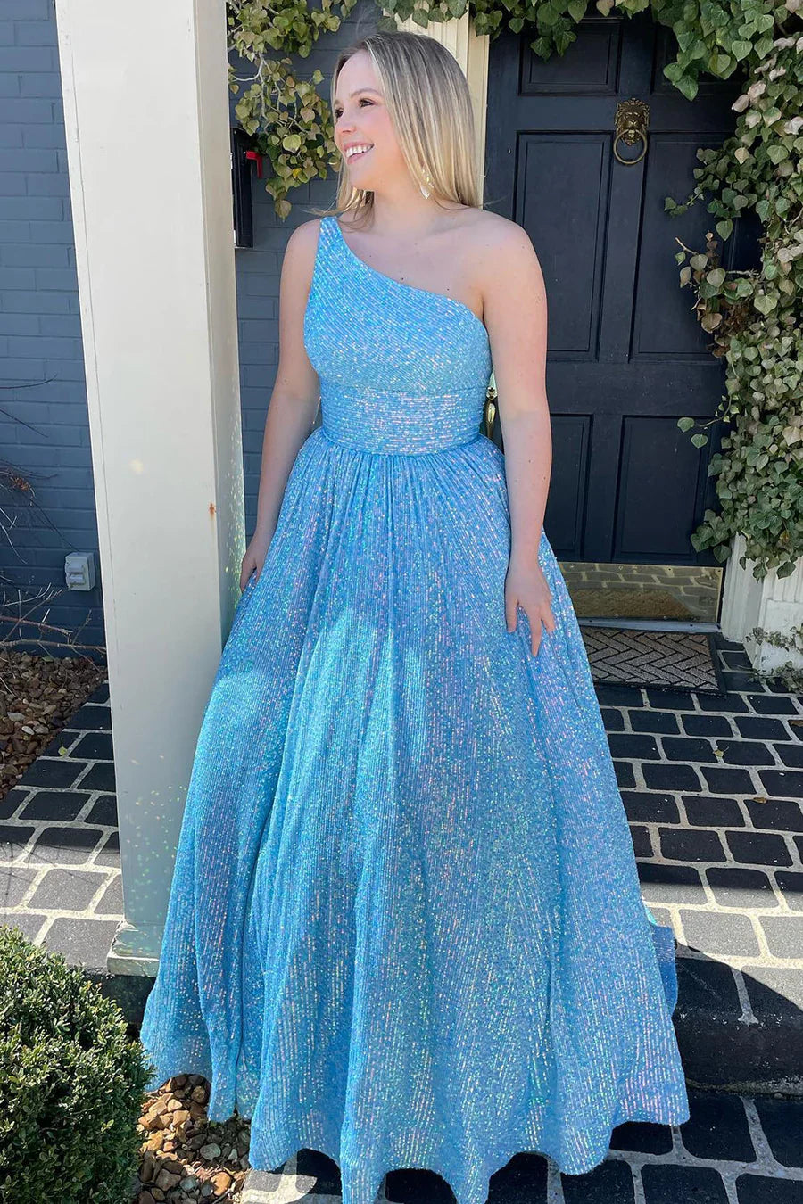 Sparkly One Shoulder A Line Sequins Prom Dress