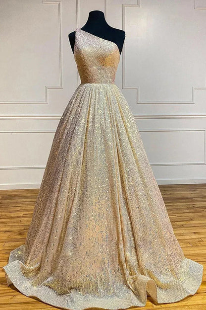 Sparkly One Shoulder A Line Sequins Prom Dress
