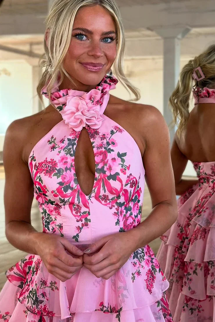 Sheath Halter Floral Printed Chiffon Tiered Prom Dress with Slit