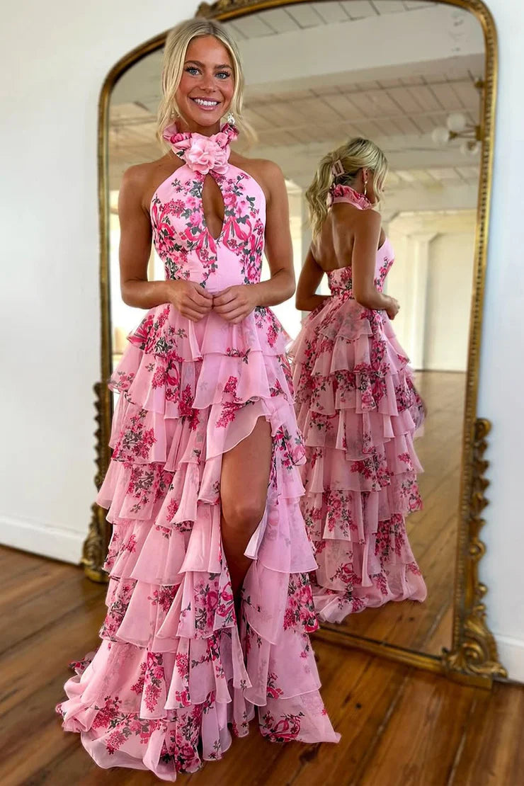 Sheath Halter Floral Printed Chiffon Tiered Prom Dress with Slit