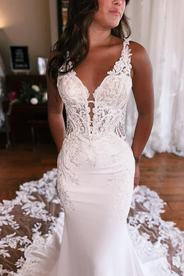 Mermaid V Neck Elastic Satin Wedding Dresses with Appliques