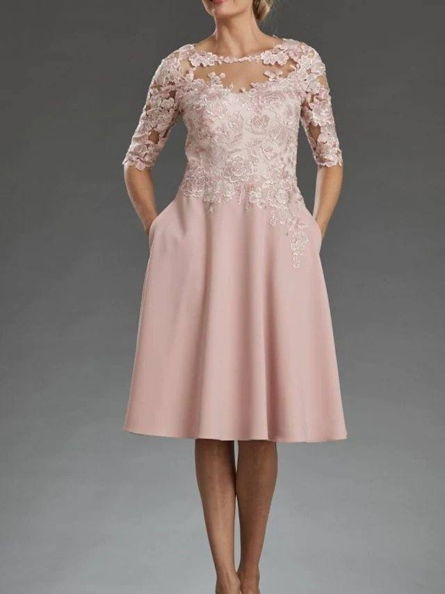 A-Line Mother of the Bride Dress Elegant Jewel Neck Knee Length Chiffon Lace Half Sleeve with Appliques - RongMoon