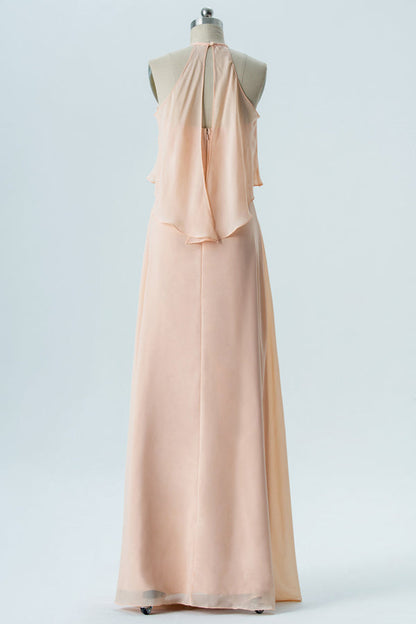 Light Orange Chiffon Halter Ruffled Bridesmaid Dress
