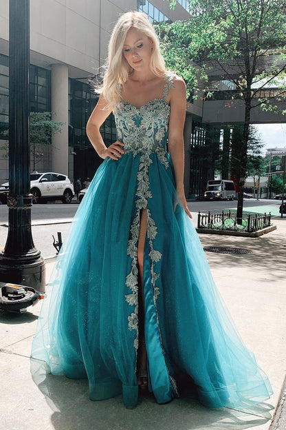 Turquoise Tulle Floral Appliques Sweetheart A-Line Prom Gown