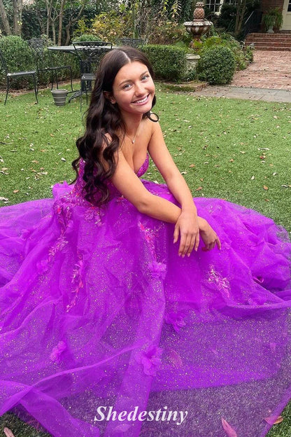 Sparkly A-Line Purple Sweetheart Applique Prom Dress with Slit