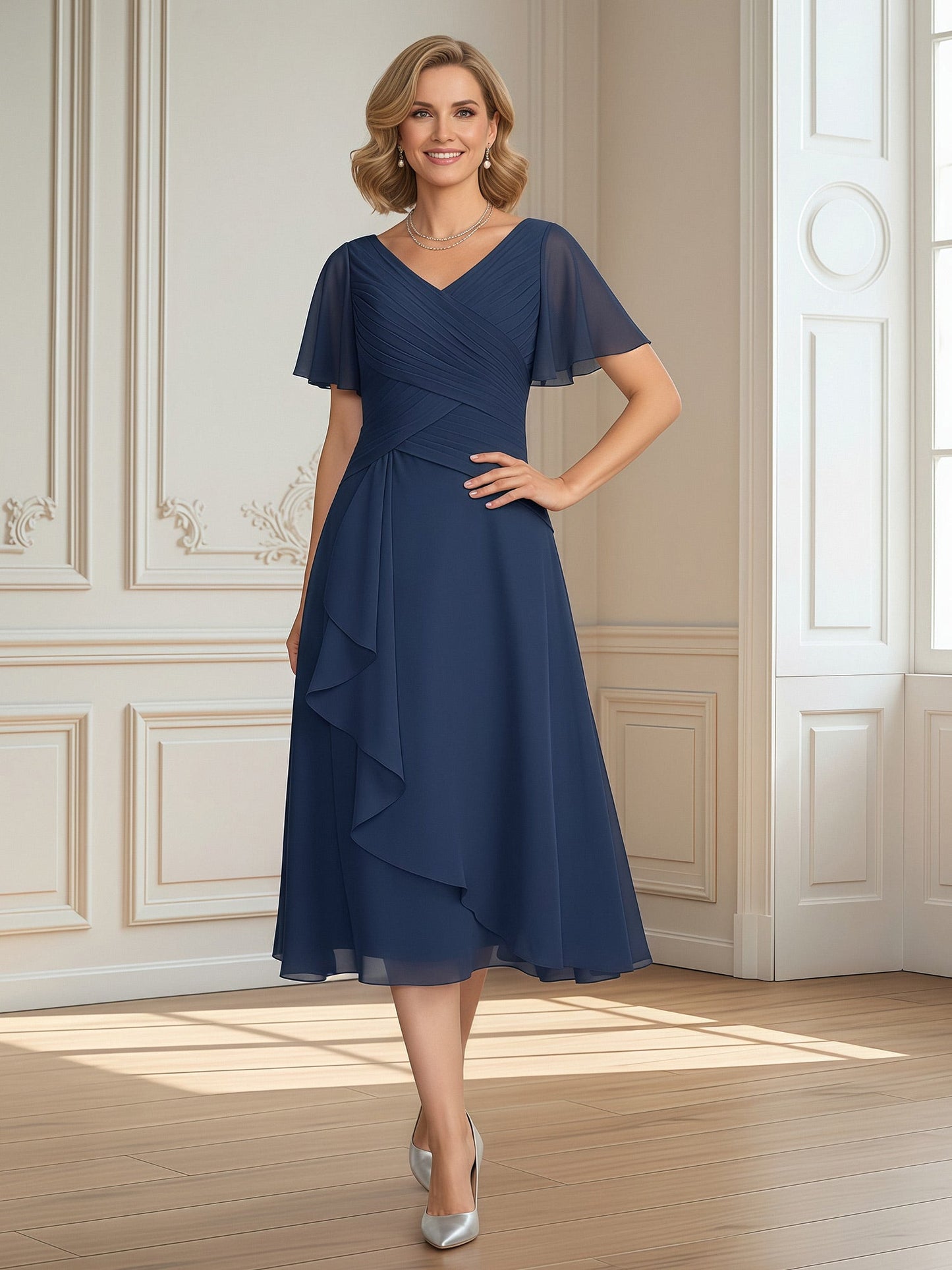A-Line Pleated V-neck Ruffles Chiffon Tea-Length Dress Navy Blue
