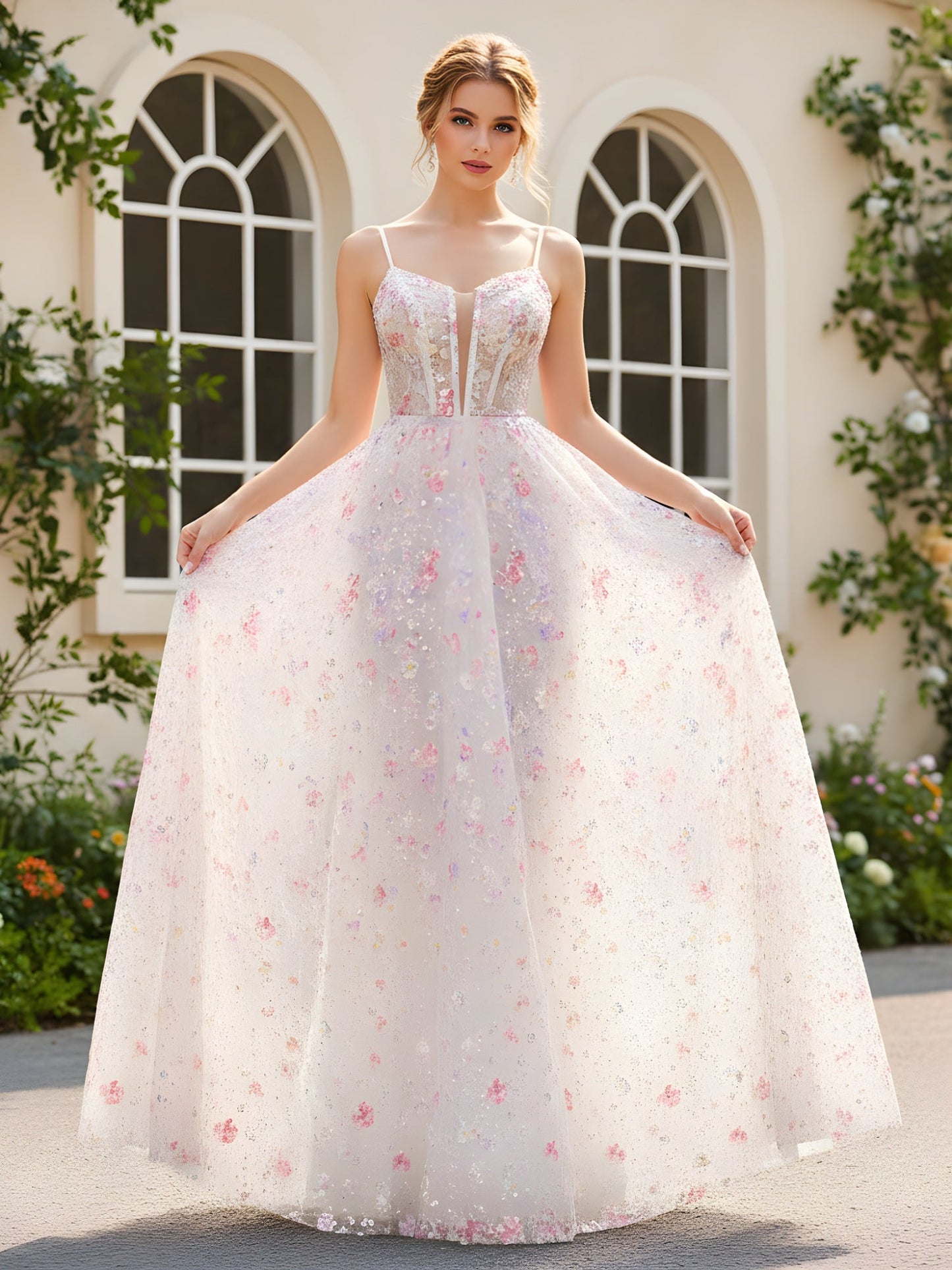 Spaghetti Straps A-Line Floral Sequins Long Dress As Picture