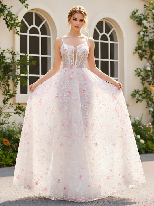 Spaghetti Straps A-Line Floral Sequins Long Dress As Picture