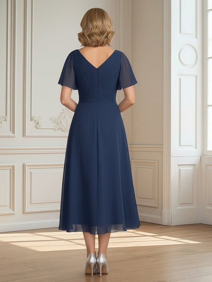 A-Line Pleated V-neck Ruffles Chiffon Tea-Length Dress Navy Blue