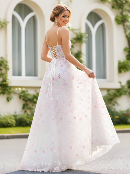 Spaghetti Straps A-Line Floral Sequins Long Dress As Picture