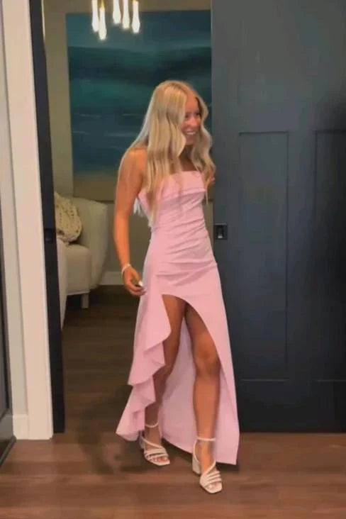 Strapless Yellow Ruched Long Dress with Slit