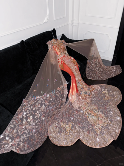 Gorgeous Shiny Beaded Exquisite Embroidery 3D Butterflies Mermaid Floor-length Evening Dress Prom Dresses HZ1024