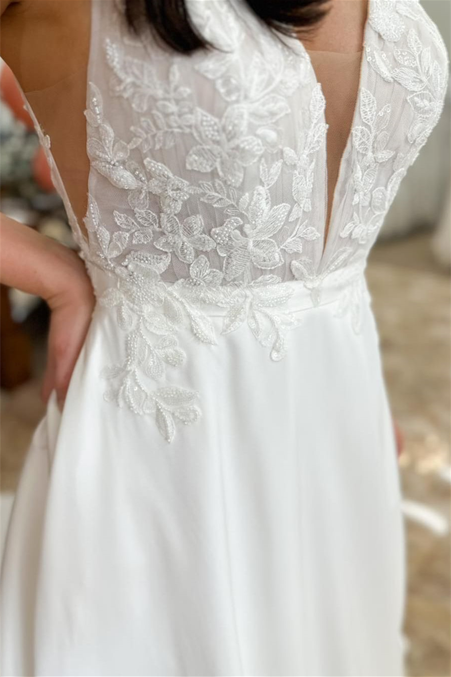 White Satin Plunging V Neck Appliques Long Wedding Dress