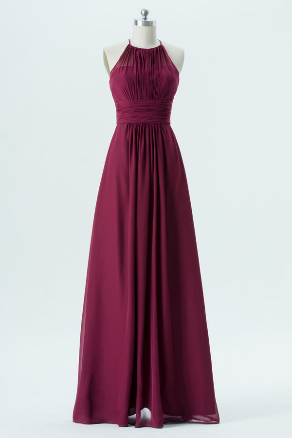 Burgundy Halter Open Back Long Bridesmaid Dress