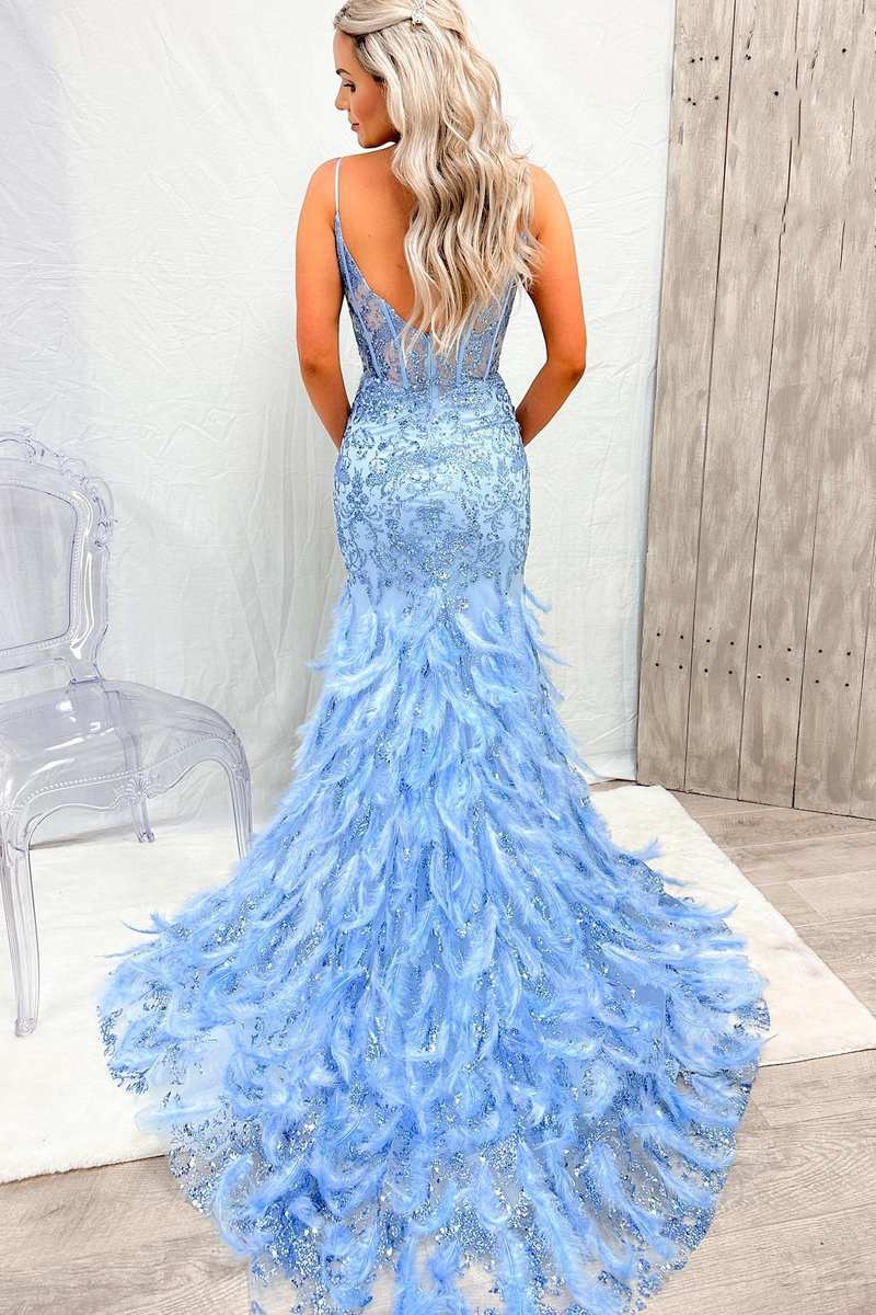 Blue Tulle Sequin V-Neck Mermaid Long Prom Gown with Feathers