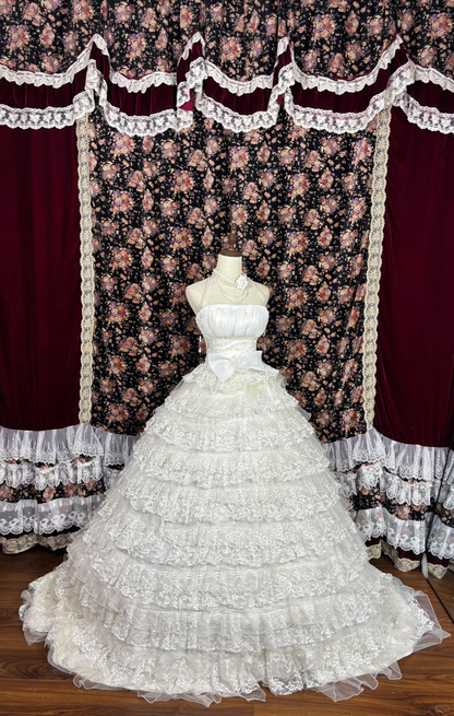 Beautiful Ivory Tulle Lace Strapless Appliques Sweet 16th Quinceanera A-Line Floor-length Tiered Evening Dress Prom Dress Ball Gown HZ1024
