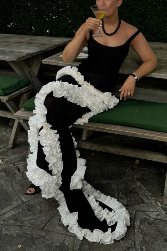 Vintage Luxury Trendy Style Spaghetti Strap Gown | Black-White Wave Ruffled Mermaid Maxi Dress for Gala Art Exhibition Luxury Social Event gh6441