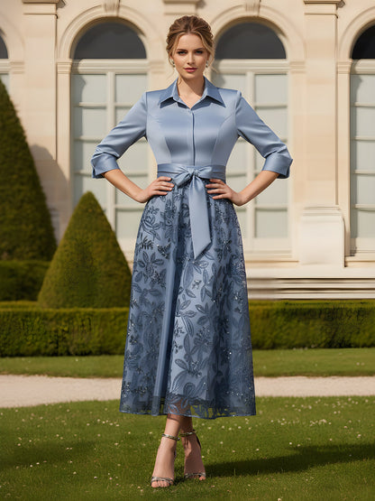 3/4 Sleeves A-Line Lace Sequins Tea-Length Dress Dusty Blue