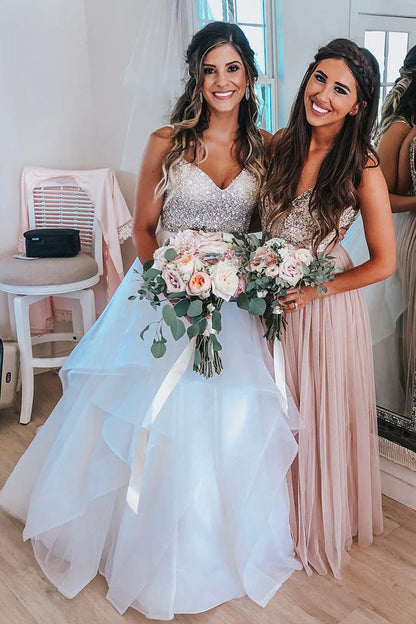 Pink Long Bridesmaid Dress with Silver Sequins Top