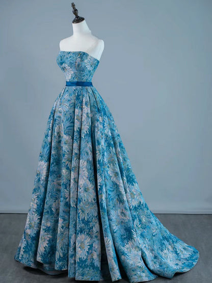 A-Line Satin Blue Long Prom Dress, Blue Long Formal Dress