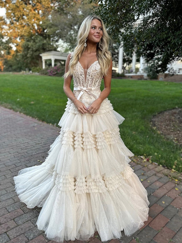 Champagne V Neck Tulle Lace Long Prom Dress, Champagne Formal Dress