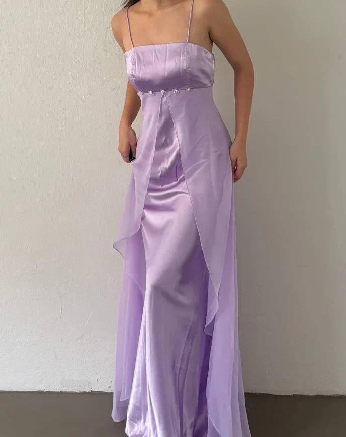 A Line Spaghetti Strap Satin Tulle Long Prom Dress Evening Dress