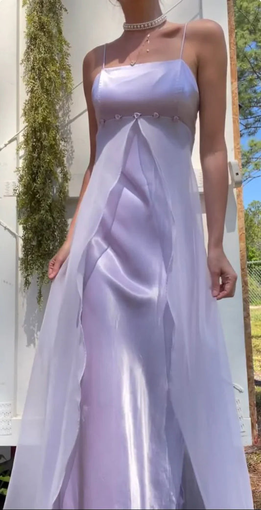 A Line Spaghetti Strap Satin Tulle Long Prom Dress Evening Dress