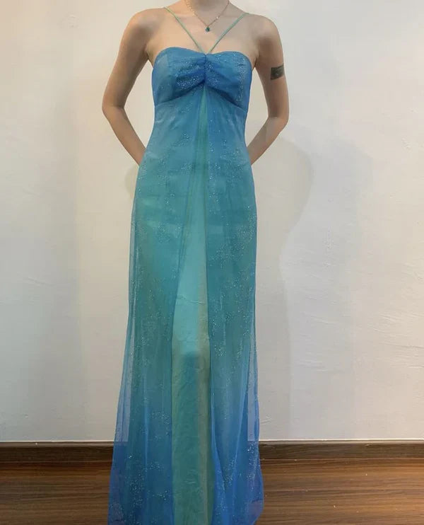 A Line Halter Blue Chiffon Satin Long Prom Dress Graduation Prom Dress