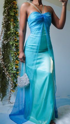 A Line Halter Blue Chiffon Satin Long Prom Dress Graduation Prom Dress