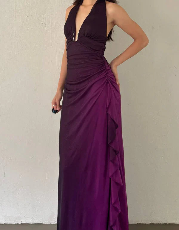 Heath Halter Purple Ombre Chiffon Open Back Long Prom Dress Evening Dress