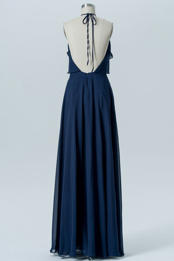 Navy Blue Halter Backless Ruffled Bridesmaid Dress