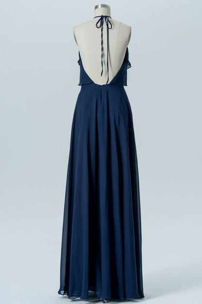 Navy Blue Halter Backless Ruffled Bridesmaid Dress