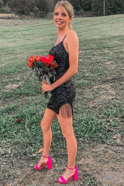 Sequins Straps Tassel Mini Homecoming Dress