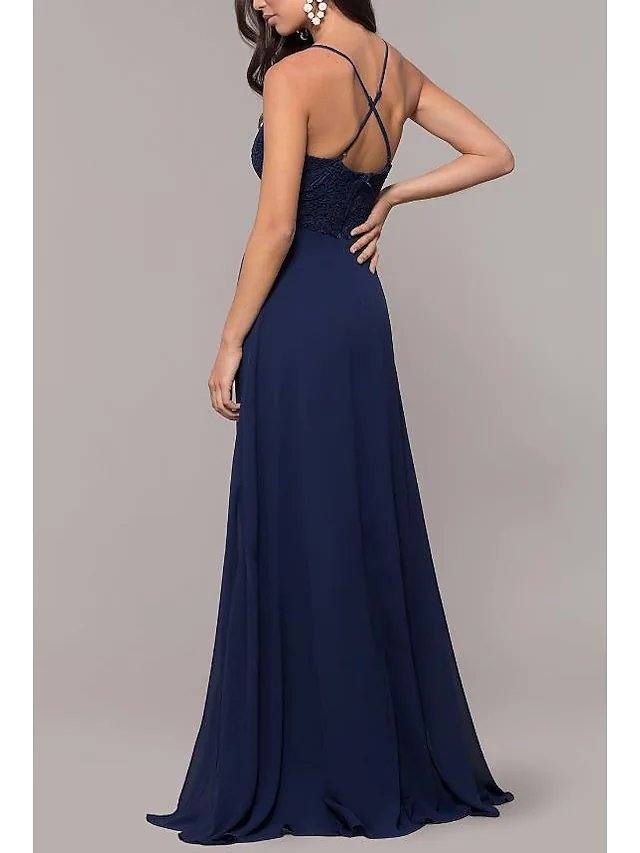 A-Line Elegant Prom Dress Spaghetti Strap Sleeveless Sweep / Brush Train Chiffon with Lace Insert Split Front - RongMoon