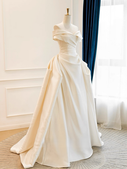 A-Line Off Shoulder Satin ivory Long Prom Dress, ivory Formal Dress