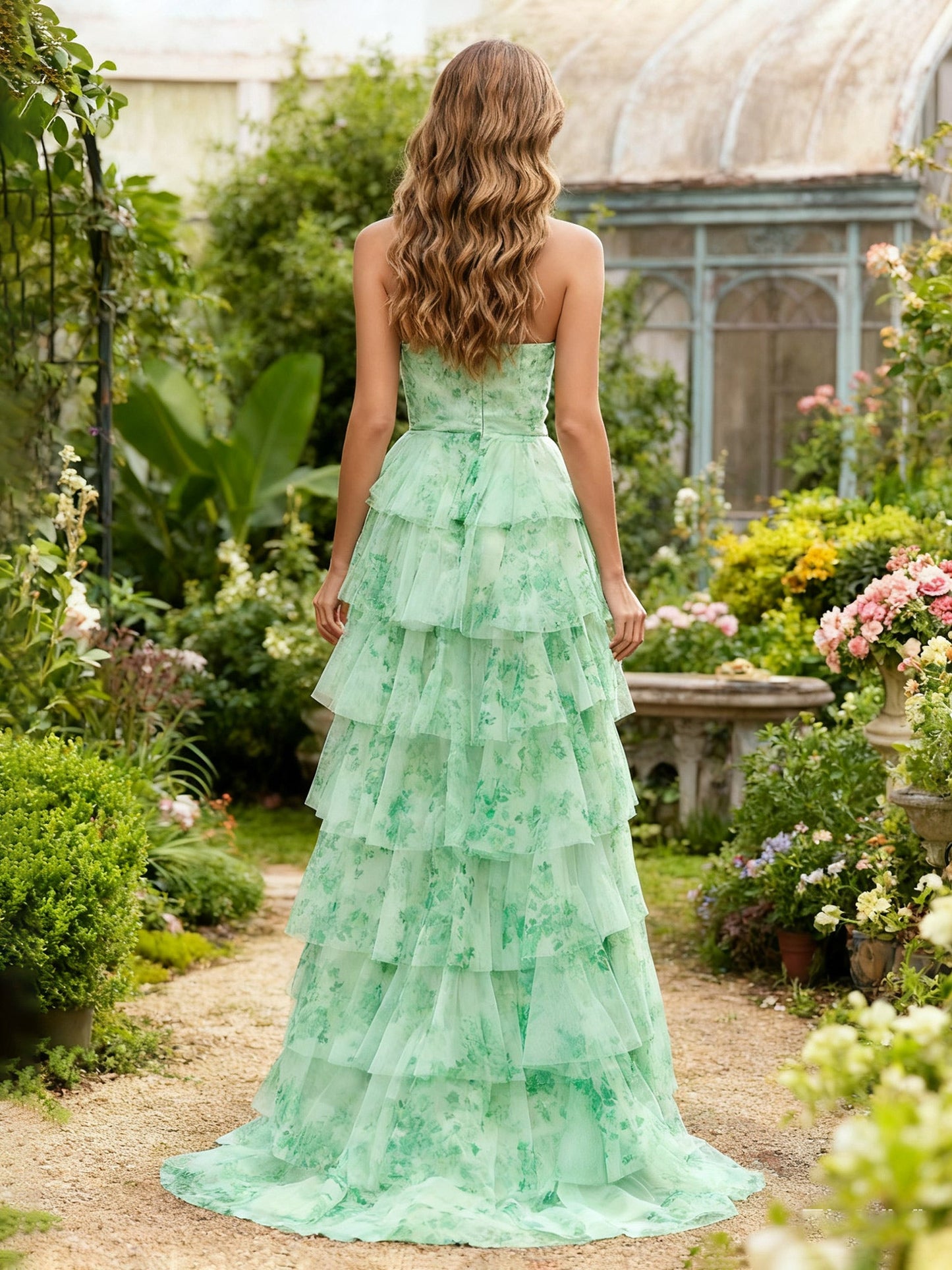 A-Line Floral Sweetheart Tiered Dress With Slit Green